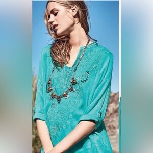 Johnny Was Teal (green mint) V-neck long sleeve Embroidered Blouse
